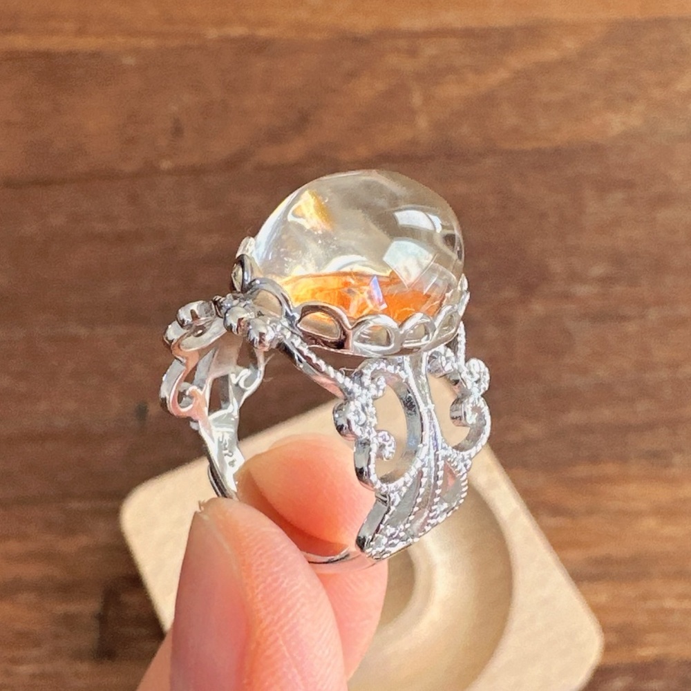 925 Sterling Silver Natural Quartz Ring Orange Inclusion Crystal Vintage Gothic